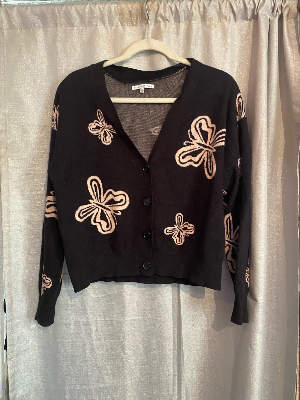 Celebrity Pink Black Cardigan with Pink Floral Motifs
